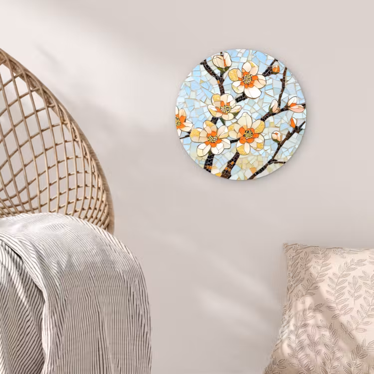 Bloesems - Wit - Mozaïek - Tak Wandcirkel kunststof plaat 5mm dik klein -sfeer5