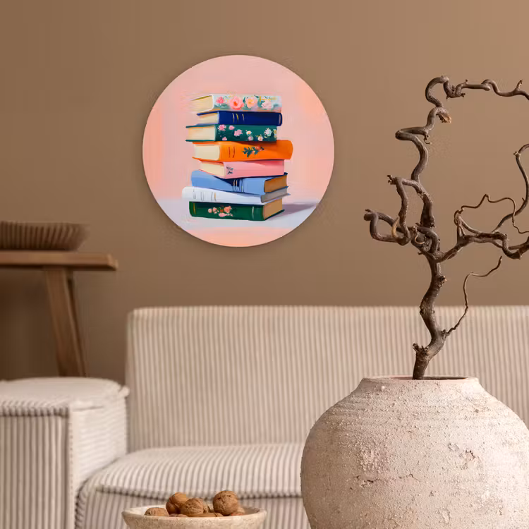 Boeken - Stapel - Kleurrijk Wandcirkel kunststof plaat 5mm dik klein -sfeer1