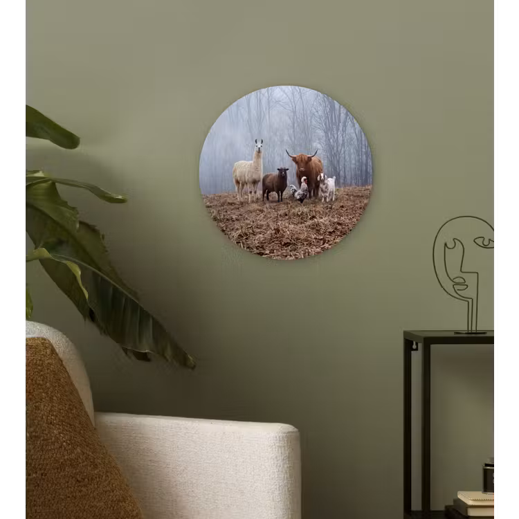 Boerderijdieren - Groep - Mist - Natuur - Rustiek Wandcirkel kunststof plaat 5mm dik klein -sfeer3