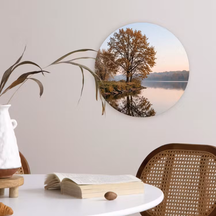 Bomen - Reflectie - Water - Zonsopgang - Serene Wandcirkel kunststof plaat 5mm dik klein -sfeer4