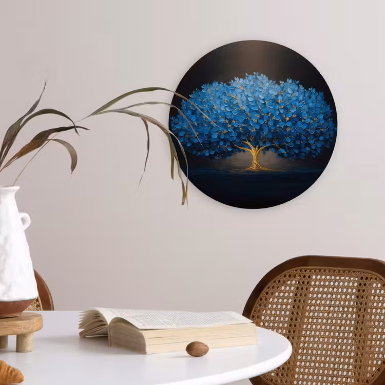 Boom - Blauw - Bladeren - Penseelstreken Wandcirkel kunststof plaat 5mm dik klein -sfeer4