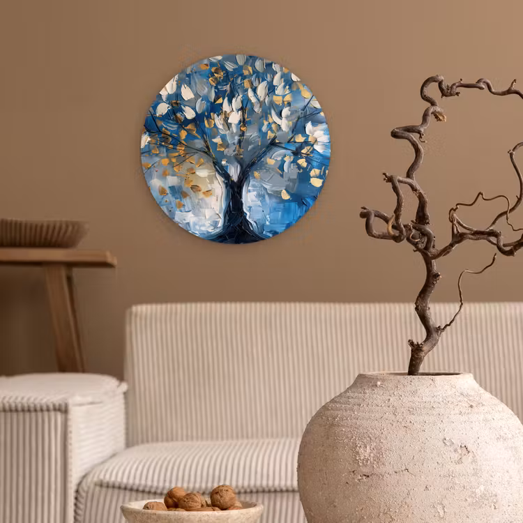 Boom - Blauw - Goud - Abstract Wandcirkel kunststof plaat 5mm dik klein -sfeer1