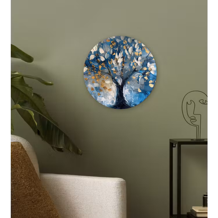 Boom - Blauw - Goud - Abstract Wandcirkel kunststof plaat 5mm dik klein -sfeer3