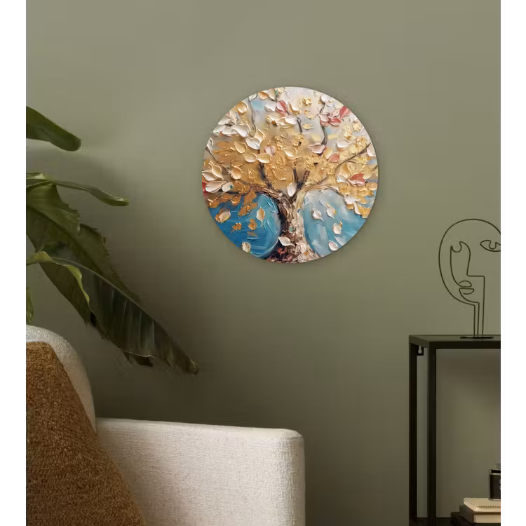Boom - Blauw - Goud - Abstract - Modern Wandcirkel kunststof plaat 5mm dik klein -sfeer3