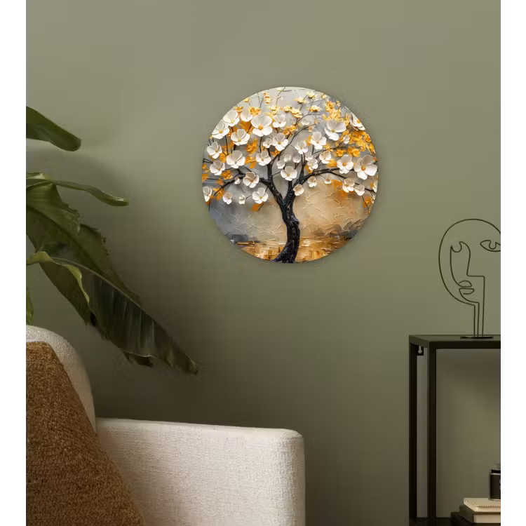 Boom - Bloemen - Goud - Beige Wandcirkel kunststof plaat 5mm dik klein -sfeer3