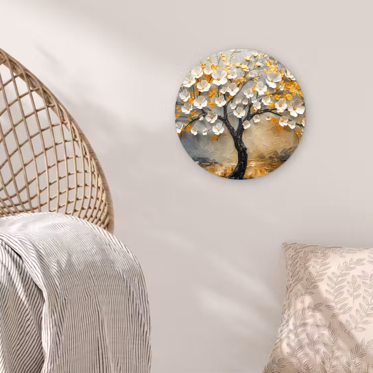 Boom - Bloemen - Goud - Beige Wandcirkel kunststof plaat 5mm dik klein -sfeer5