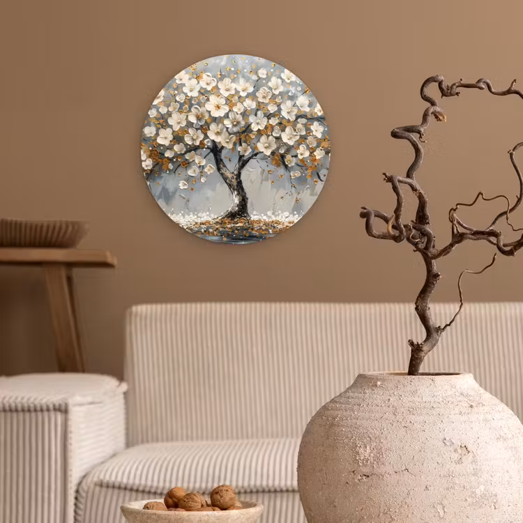 Boom - Bloemen - Wit - Natuur - Kunst Wandcirkel kunststof plaat 5mm dik klein -sfeer1