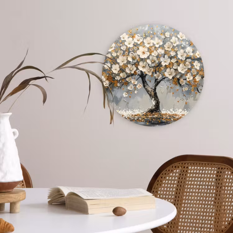 Boom - Bloemen - Wit - Natuur - Kunst Wandcirkel kunststof plaat 5mm dik klein -sfeer4