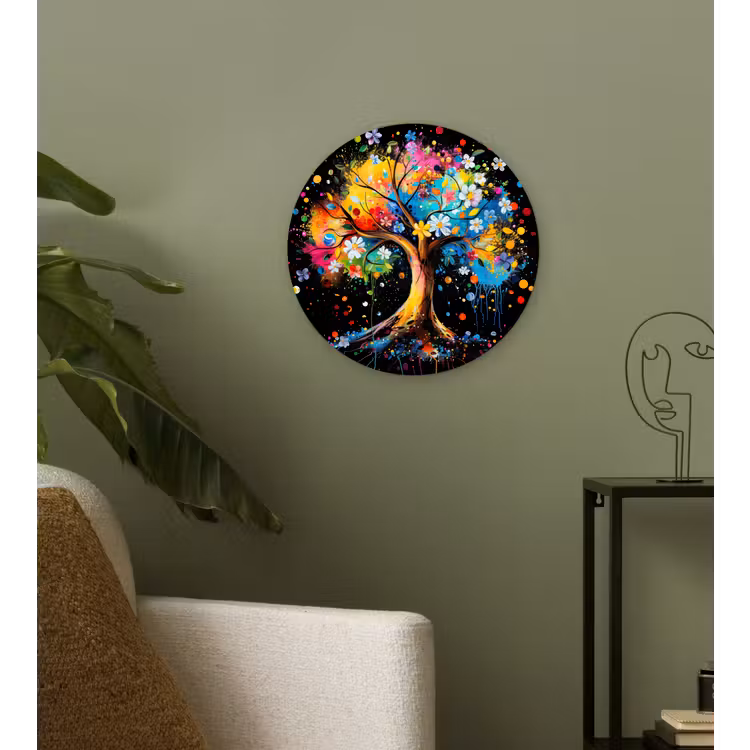 Boom - Kleurrijk - Bloemen - Zwart Wandcirkel kunststof plaat 5mm dik klein -sfeer3
