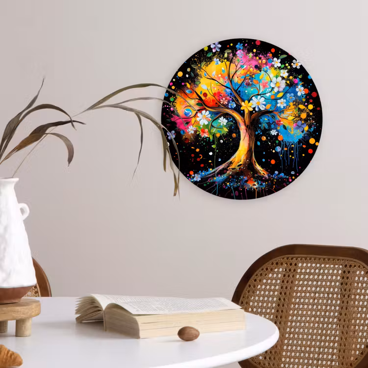 Boom - Kleurrijk - Bloemen - Zwart Wandcirkel kunststof plaat 5mm dik klein -sfeer4