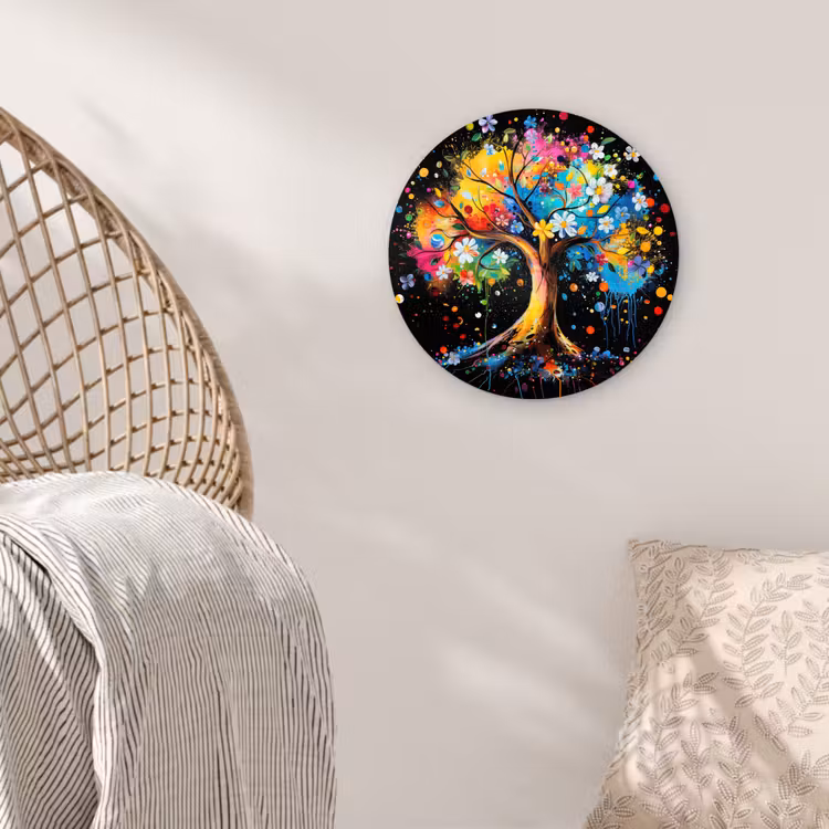 Boom - Kleurrijk - Bloemen - Zwart Wandcirkel kunststof plaat 5mm dik klein -sfeer5