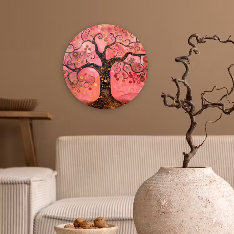 Boom - Levensboom - Roze - Goud Wandcirkel kunststof plaat 5mm dik klein -sfeer1