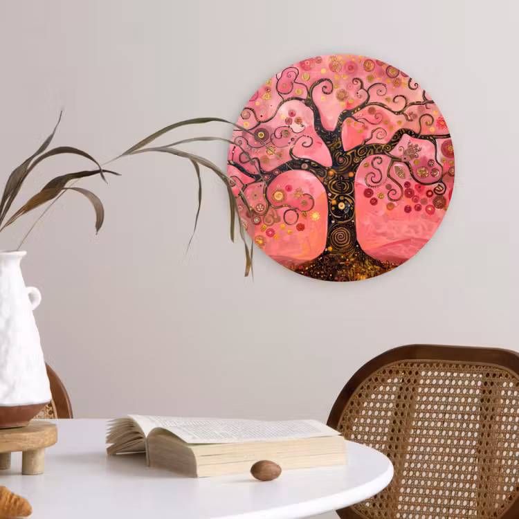 Boom - Levensboom - Roze - Goud Wandcirkel kunststof plaat 5mm dik klein -sfeer4