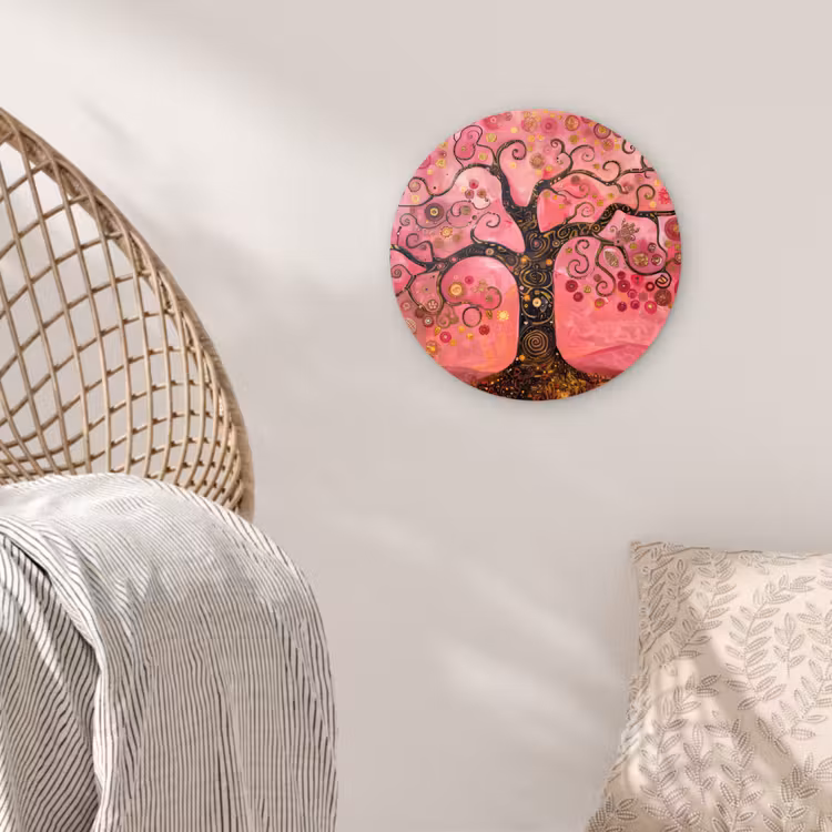 Boom - Levensboom - Roze - Goud Wandcirkel kunststof plaat 5mm dik klein -sfeer5
