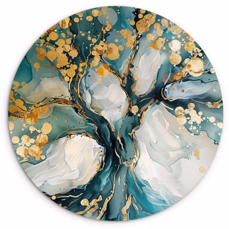 Boom - Modern - Verflook - Turquoise - Goud Wandcirkel kunststof plaat 5mm dik klein -3d