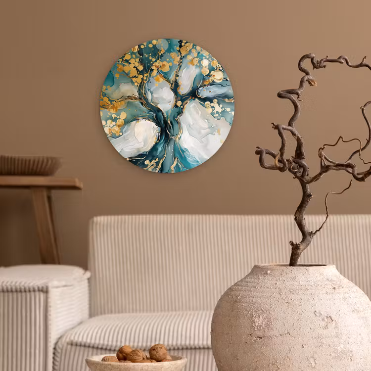 Boom - Modern - Verflook - Turquoise - Goud Wandcirkel kunststof plaat 5mm dik klein -sfeer1