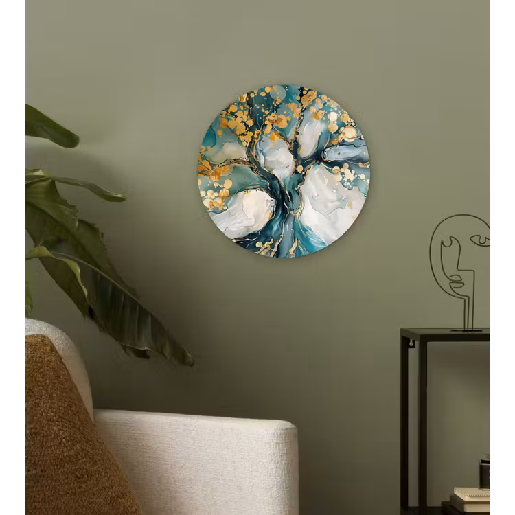Boom - Modern - Verflook - Turquoise - Goud Wandcirkel kunststof plaat 5mm dik klein -sfeer3