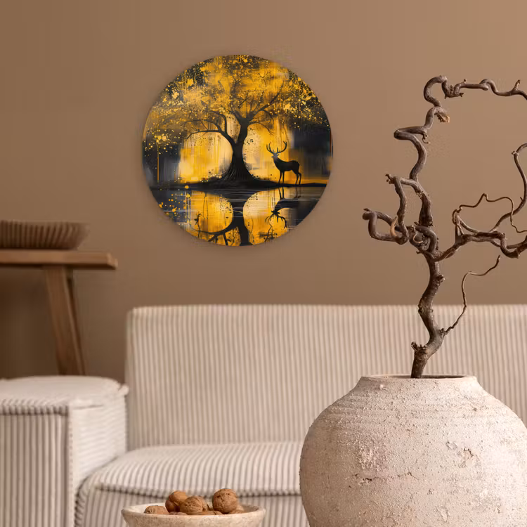 Boom - Verflook - Hert - Natuur - Goud Wandcirkel kunststof plaat 5mm dik klein -sfeer1
