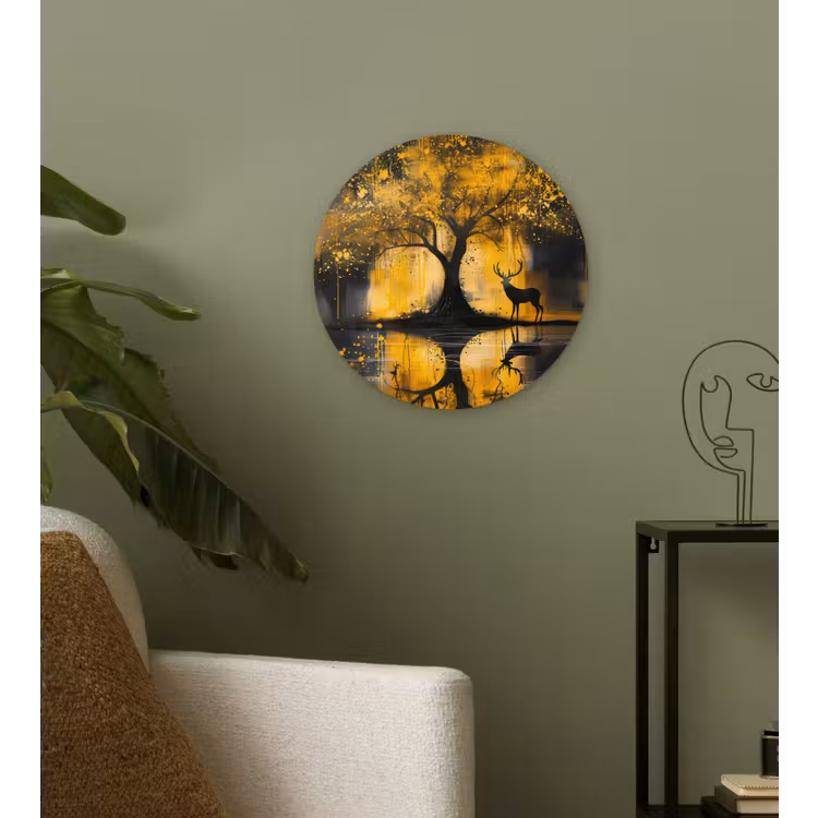 Boom - Verflook - Hert - Natuur - Goud Wandcirkel kunststof plaat 5mm dik klein -sfeer3