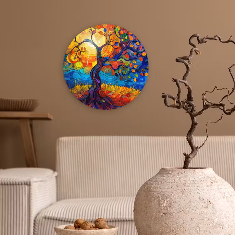 Boom - Zon - Verflook - Kleuren - Abstract Wandcirkel kunststof plaat 5mm dik klein -sfeer1