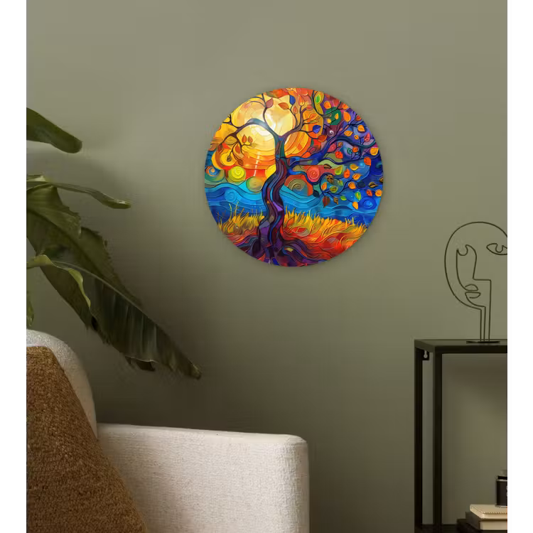 Boom - Zon - Verflook - Kleuren - Abstract Wandcirkel kunststof plaat 5mm dik klein -sfeer3