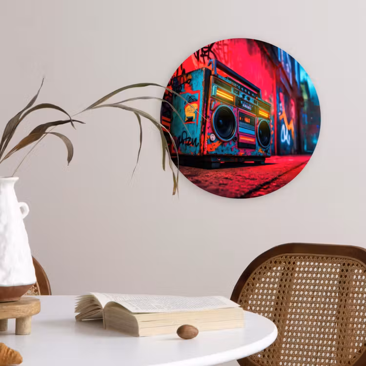 Boombox - Rood - Graffiti - Neon Wandcirkel kunststof plaat 5mm dik klein -sfeer4