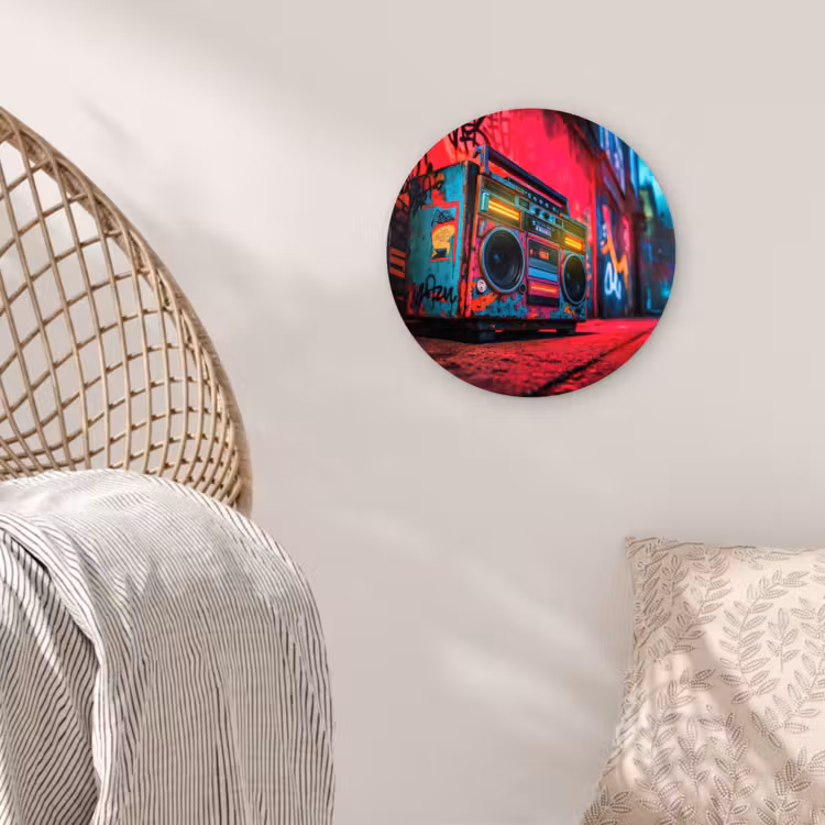 Boombox - Rood - Graffiti - Neon Wandcirkel kunststof plaat 5mm dik klein -sfeer5