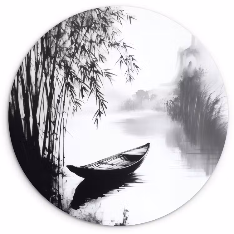 Boot - Rivier - Bamboe - Wit Wandcirkel kunststof plaat 5mm dik klein -3d