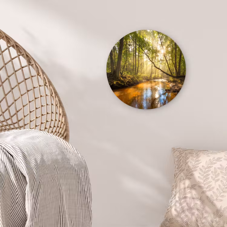 Bos - Beek - Zonlicht - Natuur - Groen Wandcirkel kunststof plaat 5mm dik klein -sfeer5