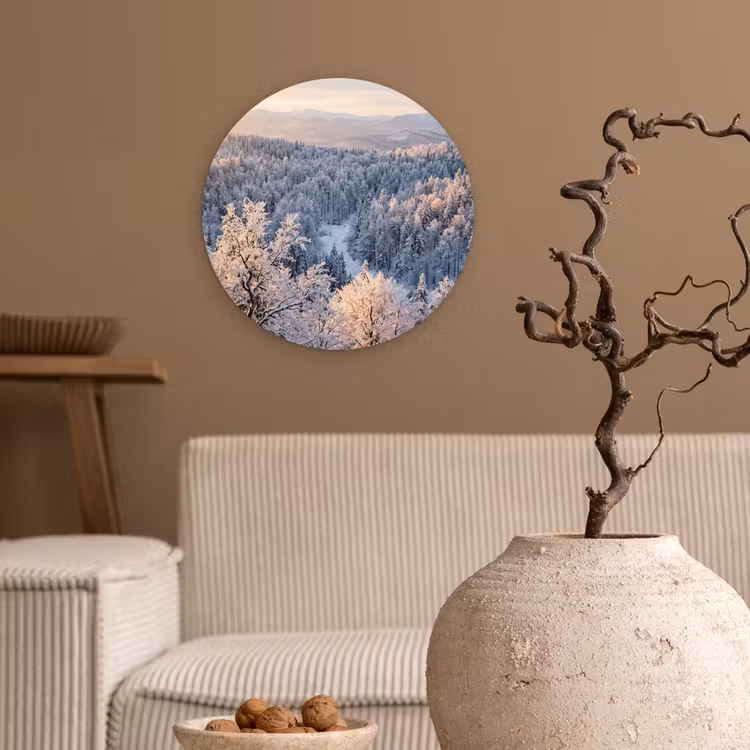 Bos - Bergen - Goud - Winter - Warm Wandcirkel kunststof plaat 5mm dik klein -sfeer1