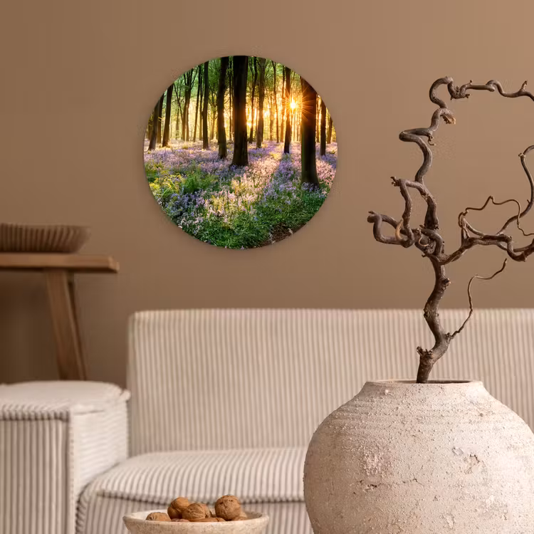 Bos - Bloemen - Lavendel - Zon - Paars - Natuur Wandcirkel kunststof plaat 5mm dik klein -sfeer1