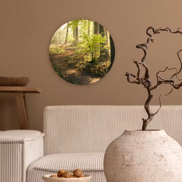 Bos - Bomen - Pad - Zon - Planten - Bladeren - Natuur Wandcirkel kunststof plaat 5mm dik klein -sfeer1