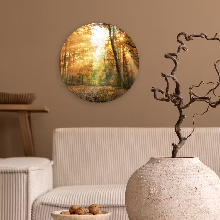 Bos - Herfst - Zon - Landschap - Natuur - Bomen - Bladeren Wandcirkel kunststof plaat 5mm dik klein -sfeer1