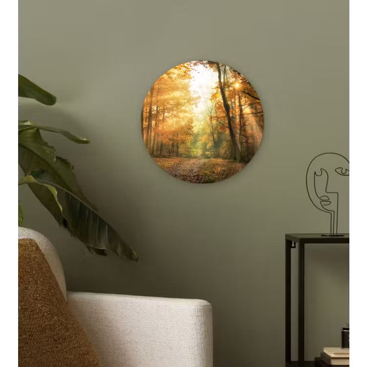 Bos - Herfst - Zon - Landschap - Natuur - Bomen - Bladeren Wandcirkel kunststof plaat 5mm dik klein -sfeer3