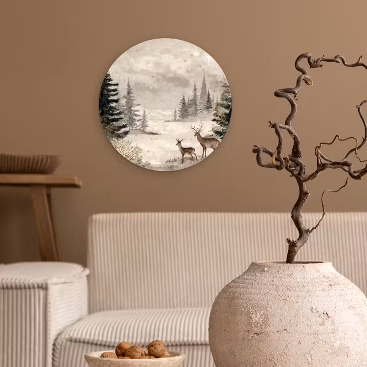 Bos - Herten - Winter - Sneeuw Wandcirkel kunststof plaat 5mm dik klein -sfeer1