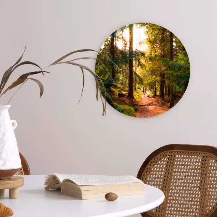 Bos - Pad - Bomen - Groen - Zon - Natuur Wandcirkel kunststof plaat 5mm dik klein -sfeer4