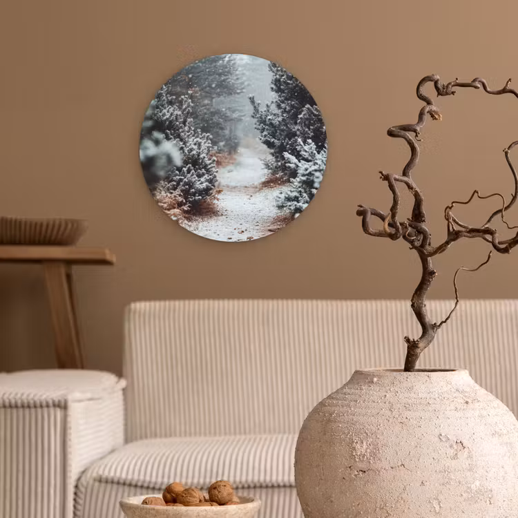 Bos - Winter - Bomen - Natuur - Pad - Sneeuw Wandcirkel kunststof plaat 5mm dik klein -sfeer1