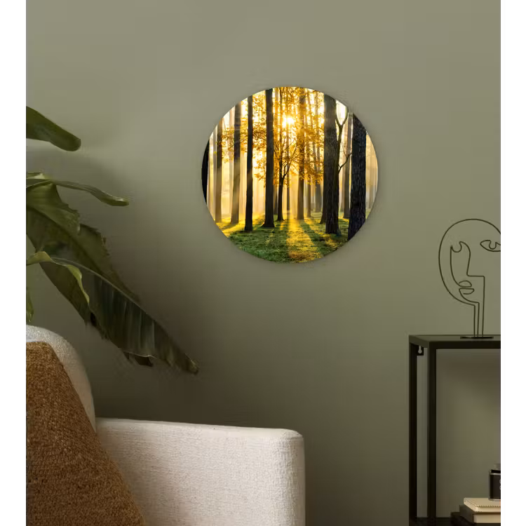 Bos - Zon - Bomen - Gras - Landschap - Natuur Wandcirkel kunststof plaat 5mm dik klein -sfeer3
