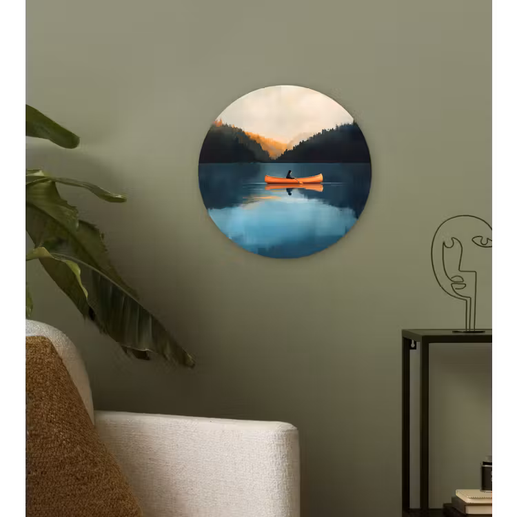 Bossen - Meer - Kano - Oranje Wandcirkel kunststof plaat 5mm dik klein -sfeer3