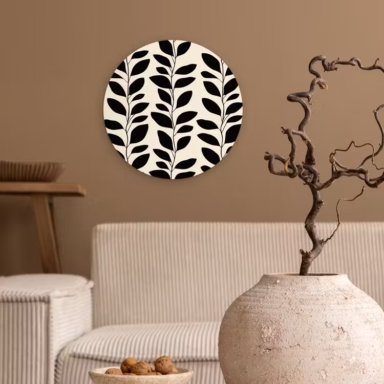 Botanisch - Dessin - Zwart - Beige Wandcirkel kunststof plaat 5mm dik klein 188 -sfeer1