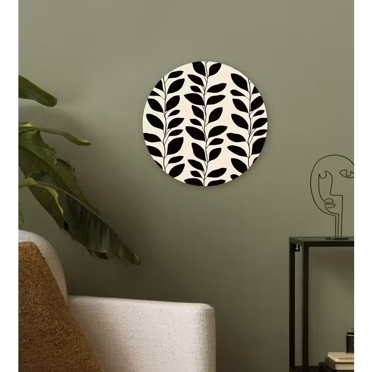 Botanisch - Dessin - Zwart - Beige Wandcirkel kunststof plaat 5mm dik klein 188 -sfeer3