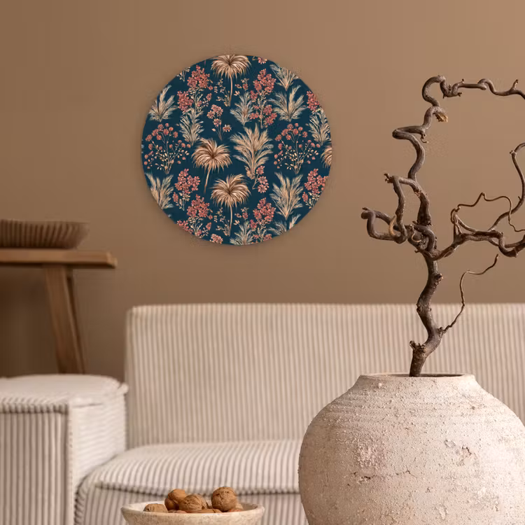 Botanisch - Patroon - Blauw Wandcirkel kunststof plaat 5mm dik klein 188 -sfeer1
