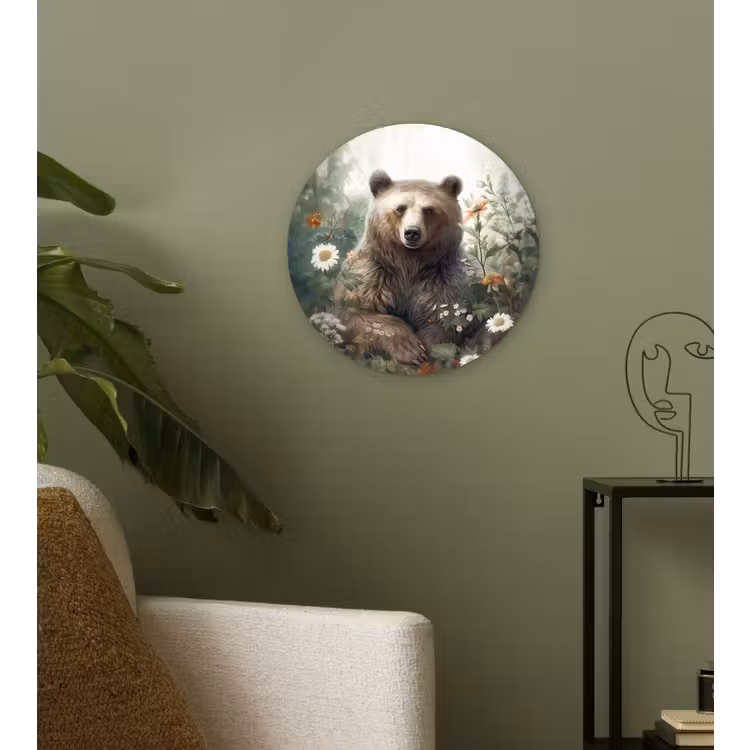 Bruine beer - Wilde dieren - Bloemen - Planten Wandcirkel kunststof plaat 5mm dik klein -sfeer3