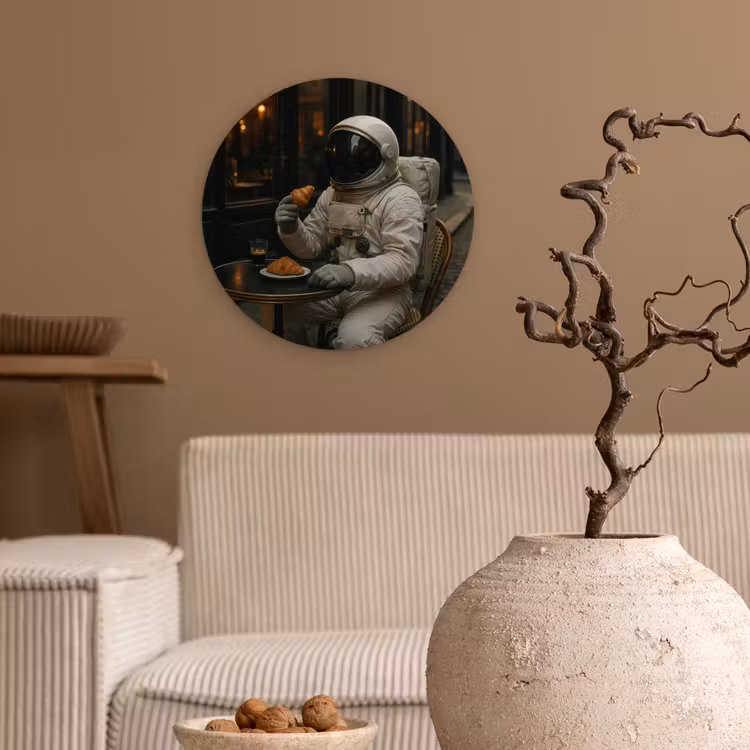 Café - Croissant - Koffie - Astronaut Wandcirkel kunststof plaat 5mm dik klein -sfeer1
