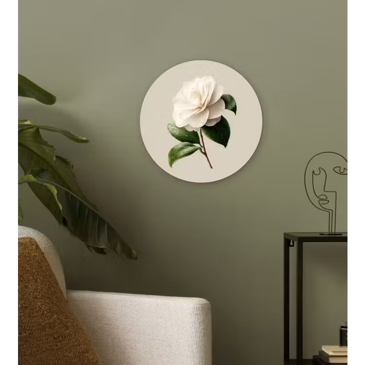Cameliabloem - Wit - Groen Wandcirkel kunststof plaat 5mm dik klein -sfeer3