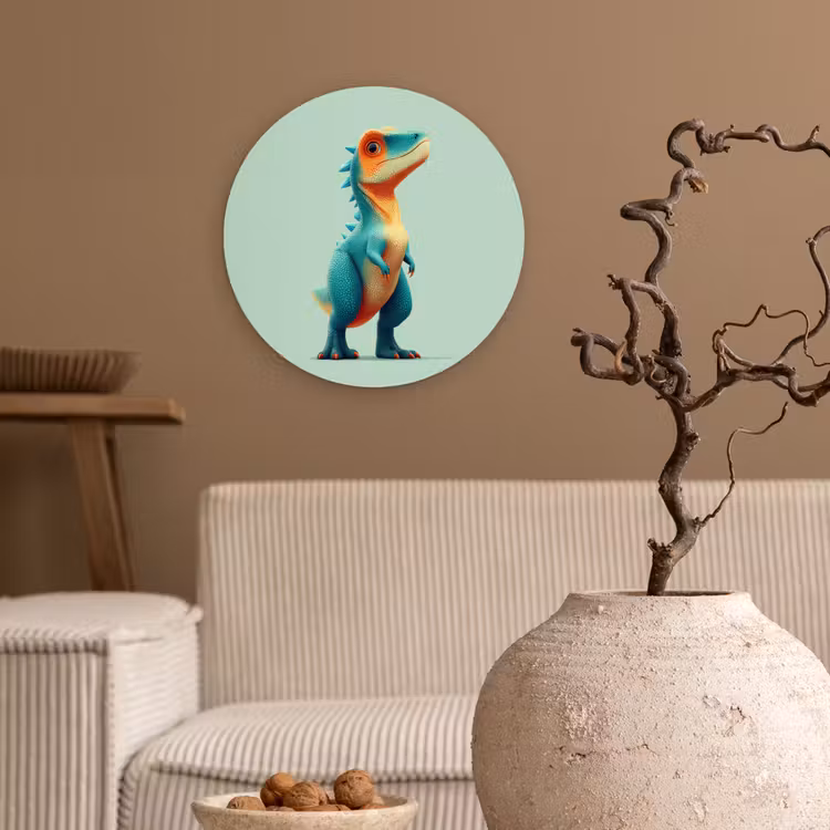 Cartoon - Dino - Oranje - Stekels Wandcirkel kunststof plaat 5mm dik klein -sfeer1