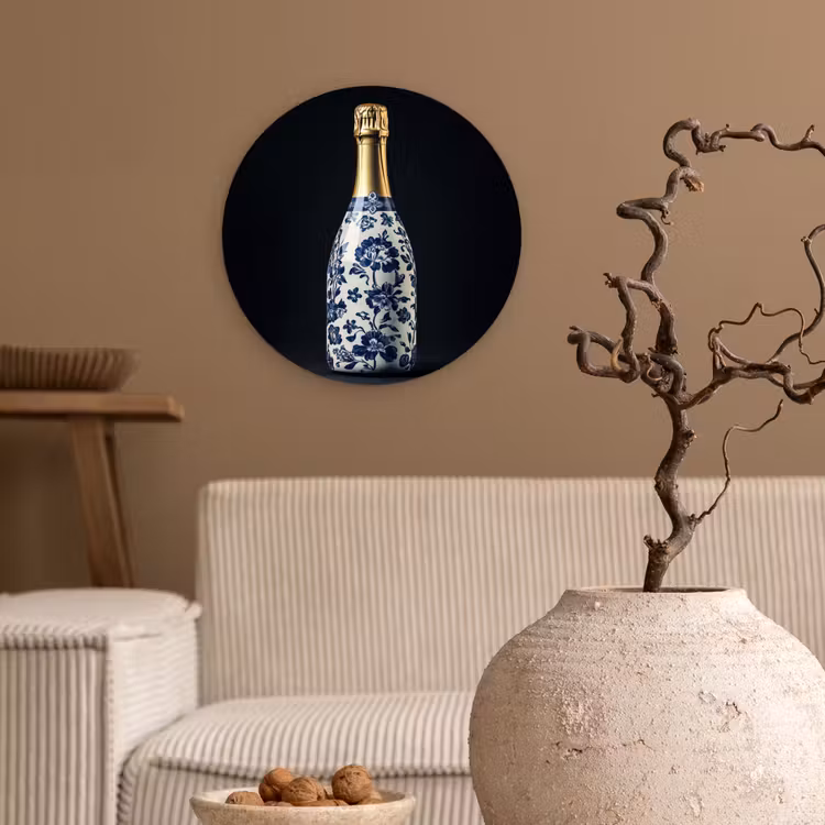 Champagne - Bloemen - Goud - Chique Wandcirkel kunststof plaat 5mm dik klein -sfeer1