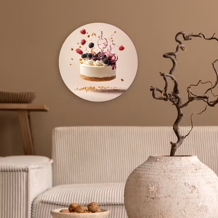 Cheesecake - Eten - Roze - Taart Wandcirkel kunststof plaat 5mm dik klein -sfeer1