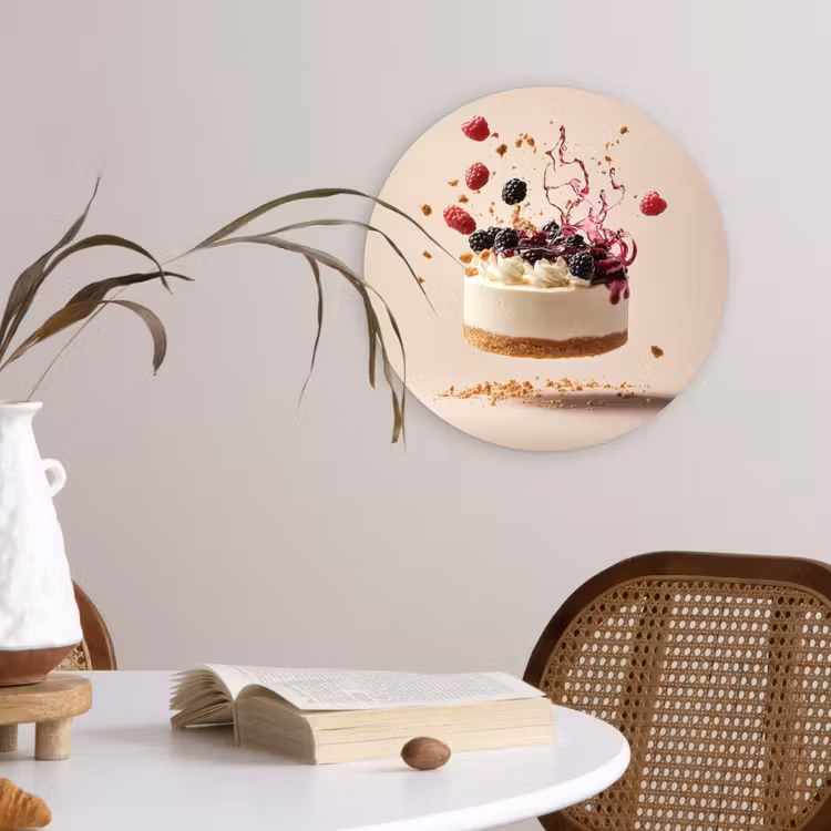 Cheesecake - Eten - Roze - Taart Wandcirkel kunststof plaat 5mm dik klein -sfeer4