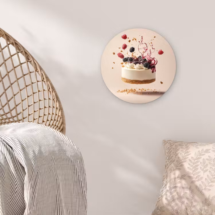 Cheesecake - Eten - Roze - Taart Wandcirkel kunststof plaat 5mm dik klein -sfeer5